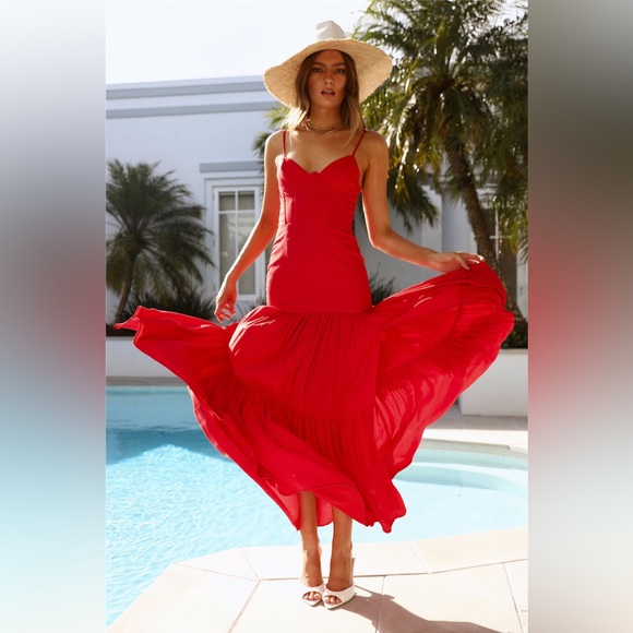 Hello Molly Seven Wonders Dixie Maxi Dress Fire Red w Slit - Picture 7 of 8